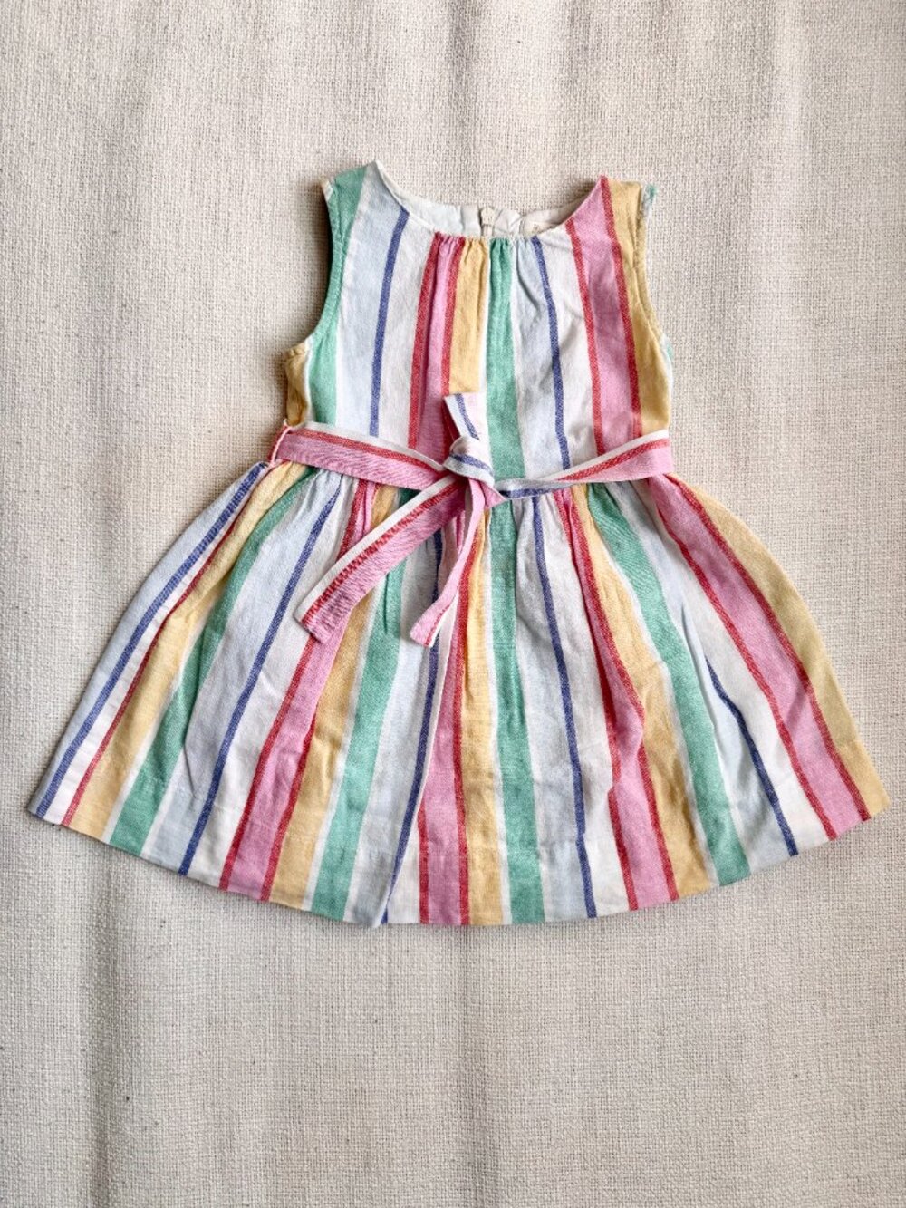 Mini Boden Rainbow Stripe Dress 2–3Y | Sleeveless Cotton Tie Waist Summer Dress